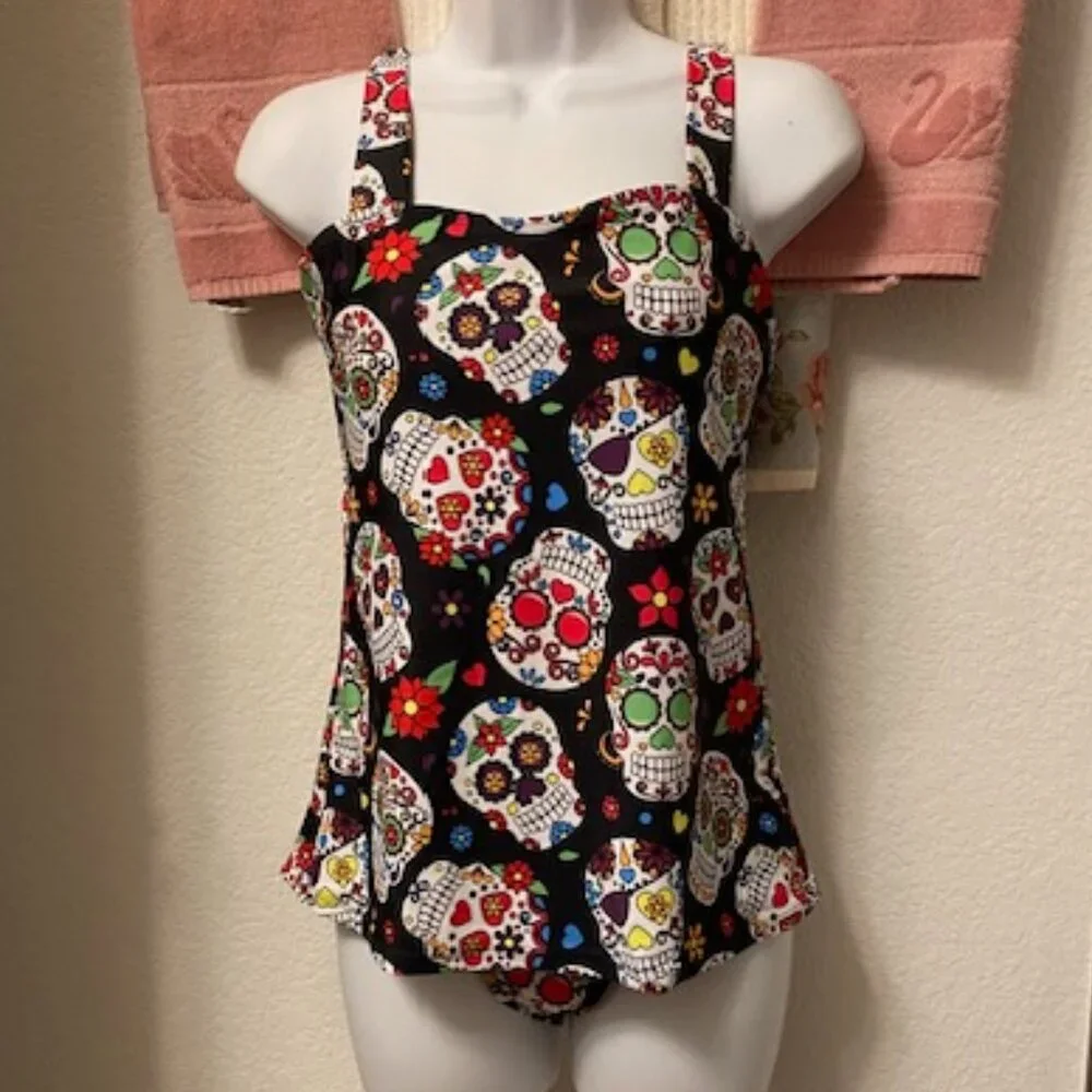 SUGAR SKULL Black Skulls & Flowers DAY OF DEAD Full Coverage TANKINI Swimsuit S - Picture 1 of 11